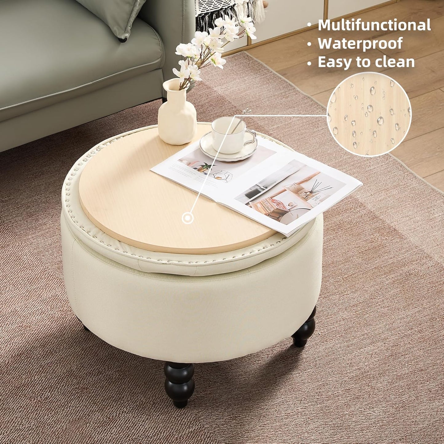 Fabric Round Ottoman with Storage, Upholstered Tufted Storage Footstool, Modern Wooden Coffee Table for Living Room, Bedroom, Beige