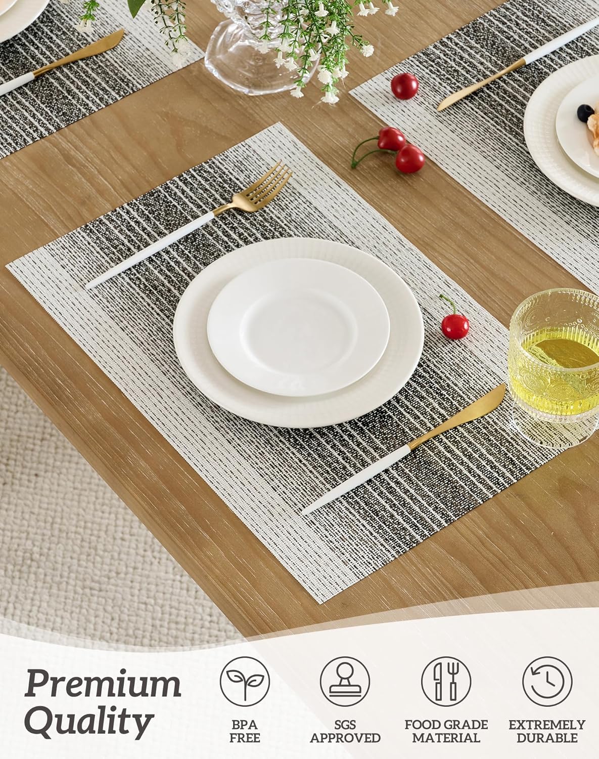 Leetaltree Black with White Woven Placemats Set of 8 - Heat Resistant Non-Slip Place mats for Dining Table, Washable Durable PVC Vinyl Woven Table Mats(Black with White, 8)