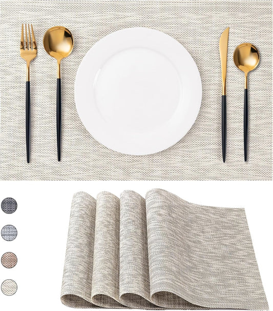 CADONO Placemats Set of 4 Washable Indoor/Outdoor Vinyl Place Mats for Dining Table Durable Non-Slip Heat Resistant PVC Weave Table Mats（Beige）