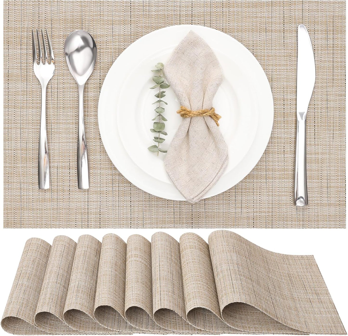 Myir JUN Placemats Set of 8, Vinyl Woven Placemats Place Mats Indoor Set of 8 Washable Table Mats Non-Slip Place mats for Dining Table (Beige, Set of 8)