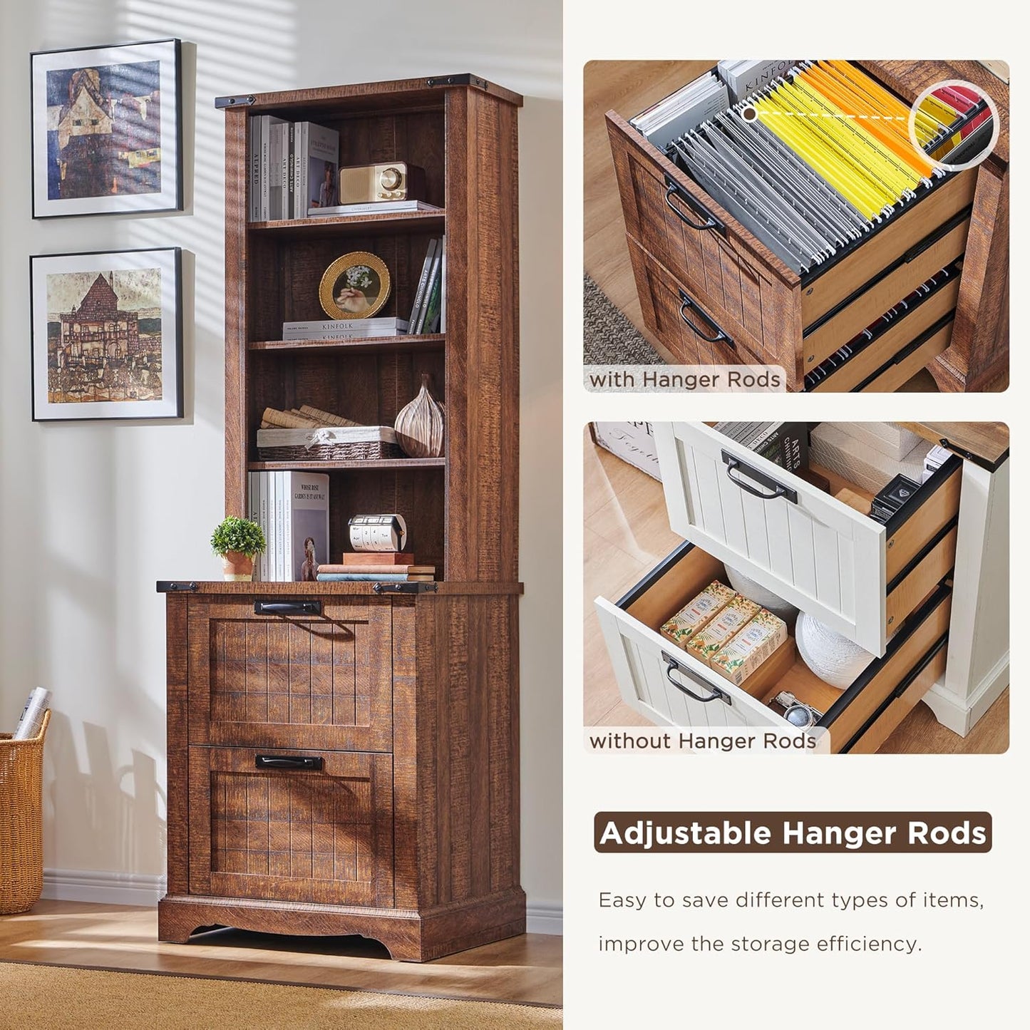 RedLemon Bookcase with 2 File Drawers, 72" Tall Farmhouse Bookshlef with Storage and Adjustable Shelves, 4 Tier Rustic Wood Bookshelf with Cabinet for Office, Living Room (Reclaimed Barnwood Color)