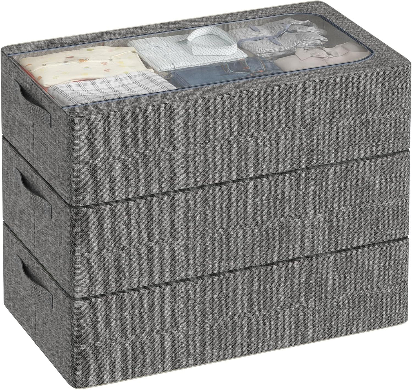 3PCS Under Bed Storage Bins with Metal Frame, Linen Fabric Frame Storage Box Clothes Organizer Bins, Underbed Container with Clear Window (Dark Grey, 23.6 x 13 x 6IN)