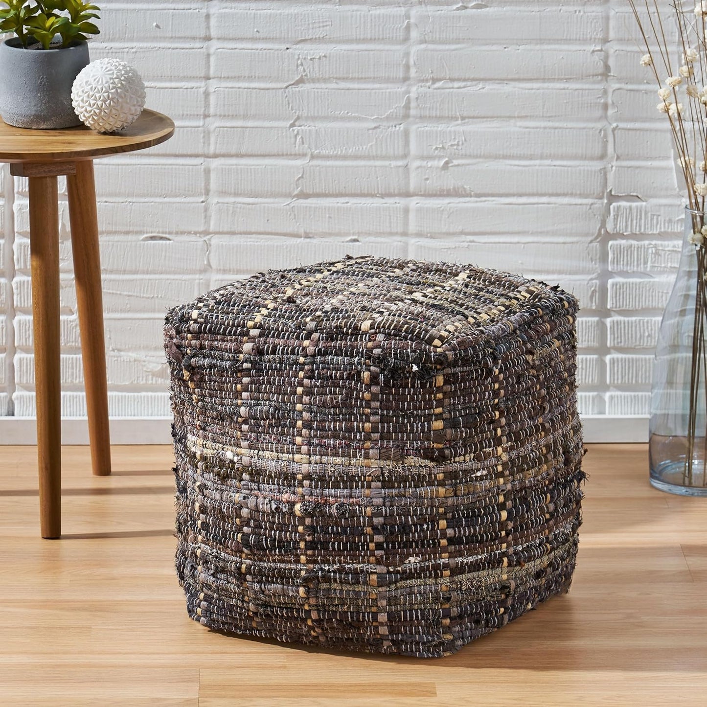GDFStudio Boho Handmade Fabric Cube Pouf Ottoman Foot Stool - Bean Bag Floor Chair - Foot Rest Couch for Living Room Bedroom Khaki,16" x 16" x 16"