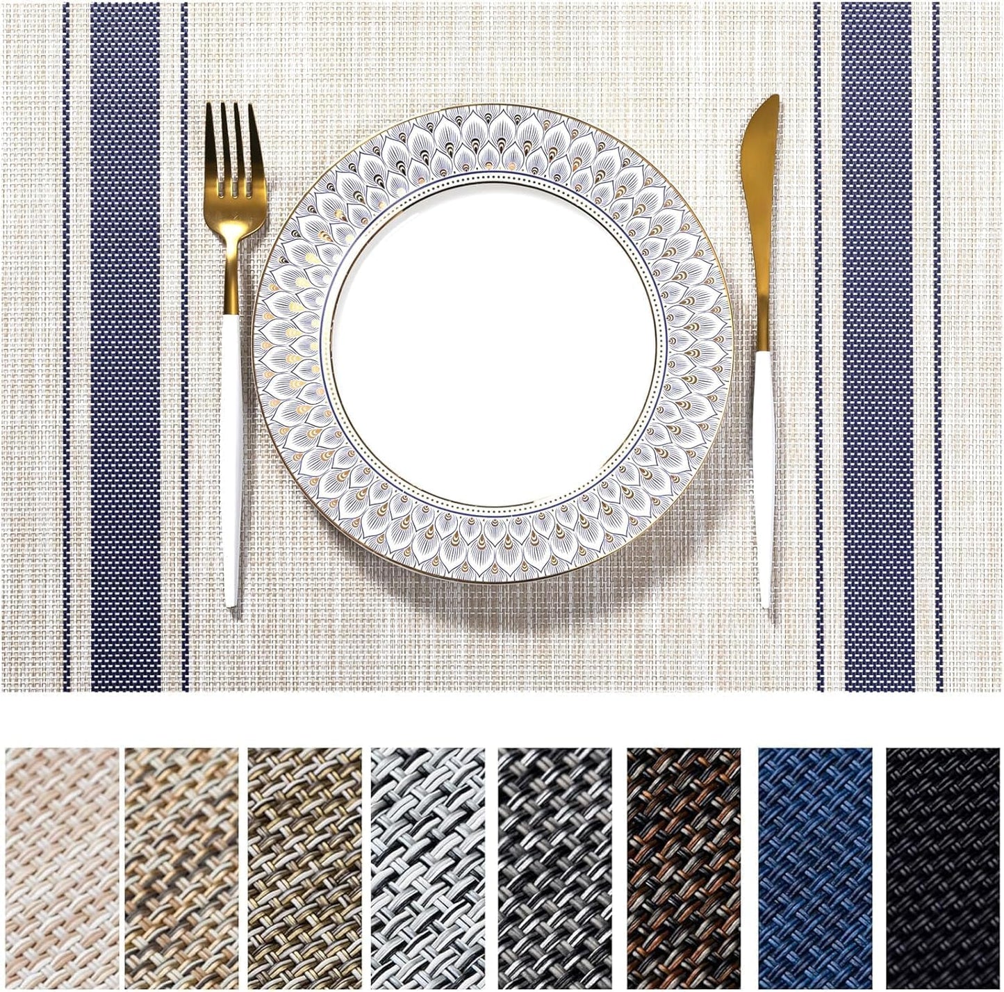 LEXMORE PlaceMats Set of 12 Vinyl/Plastic Woven Place Mats for Kitchen Table Indoor/Outdoor Washable PlaceMat Wipeable Dining Table Mats(Blue Skyline)