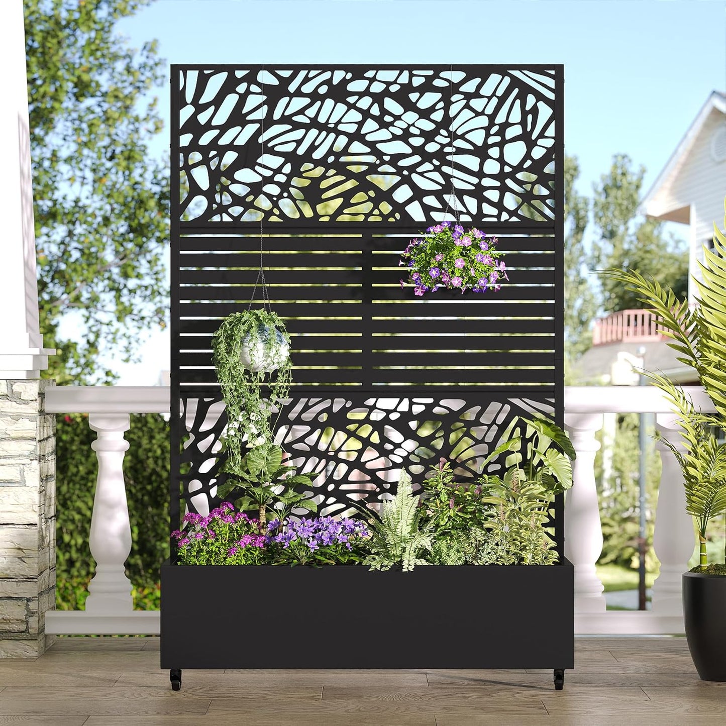 Casaphoria Metal Raised Garden Bed with Trellis and Wheels, 72"x47"x16" Planter Box for Climbing Plants, Vegetables & Vines, Features Drainage Holes and Privacy Screen, Black(Net&Helen)