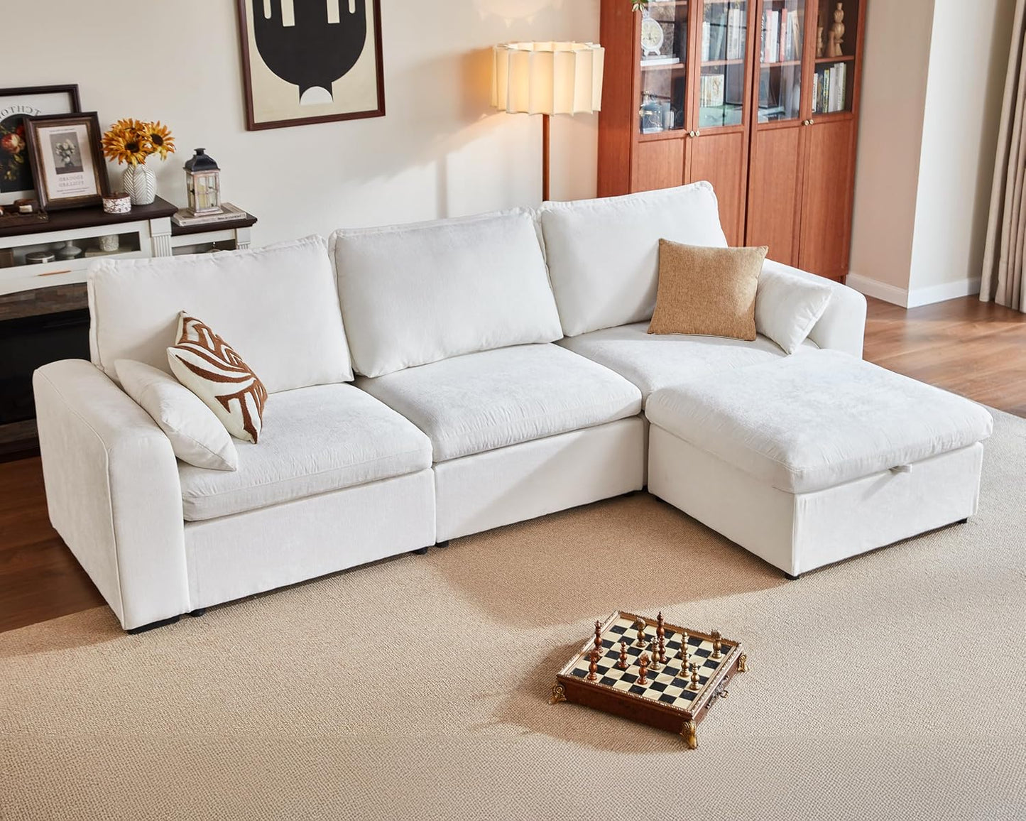 Oversized Modular Sofa Comfy Cloud Couch with Storage, Extra Deep Plush Sectional Sofa Set for Living Room, Covers Washable, Chenille, Olar (White, 4-Seater with Ottoman, l-Shaped)