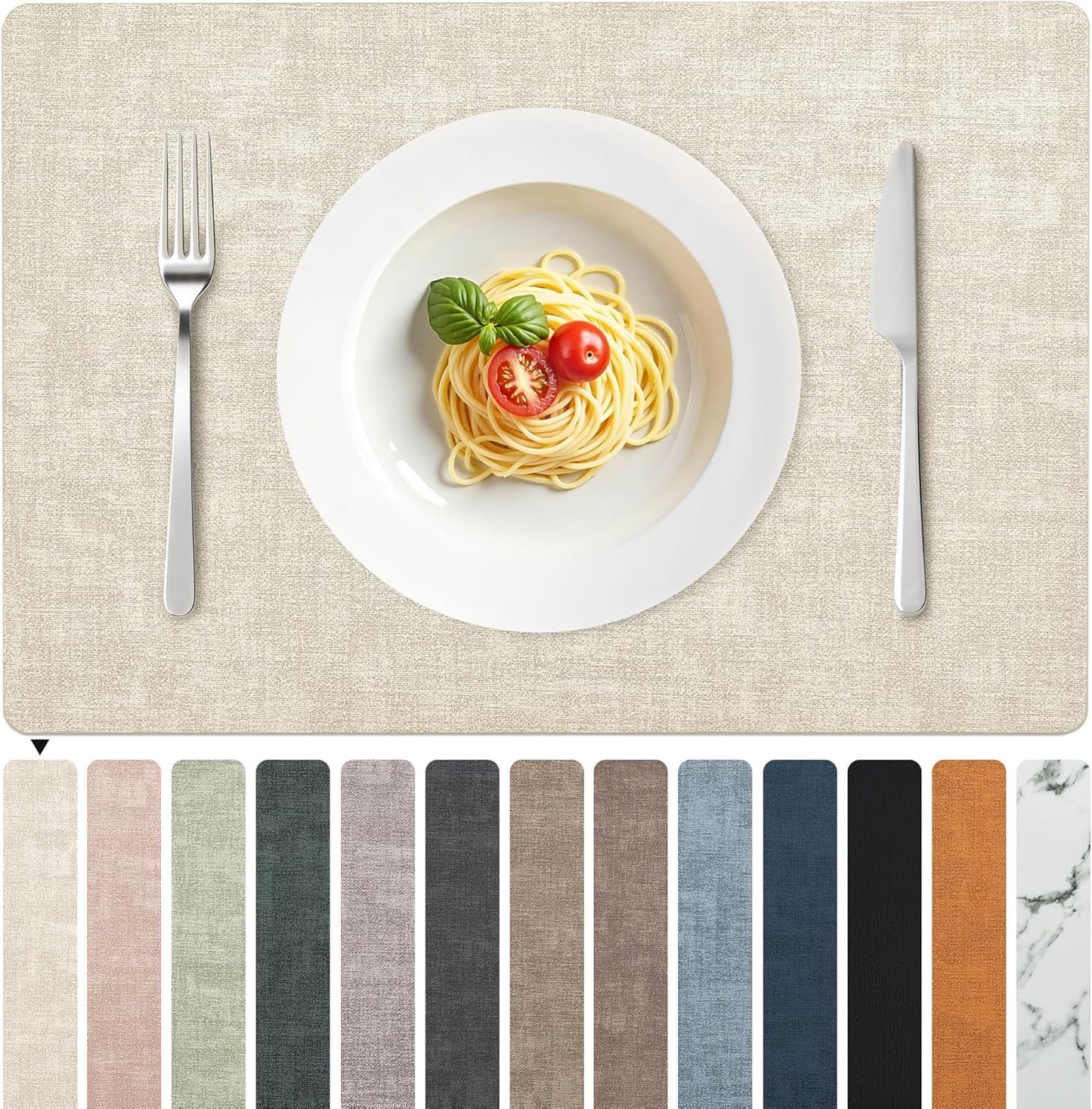 FROMHEART Faux Leather Placemats Set of 12–Waterproof,Heat/Oil Stain-Resistant PU Table Mat–Reversible,Non-Slip,Easy to Clean Place Mats for Kitchen,Dining,Indoor/Outdoor,(Beige,11.8" x 17")