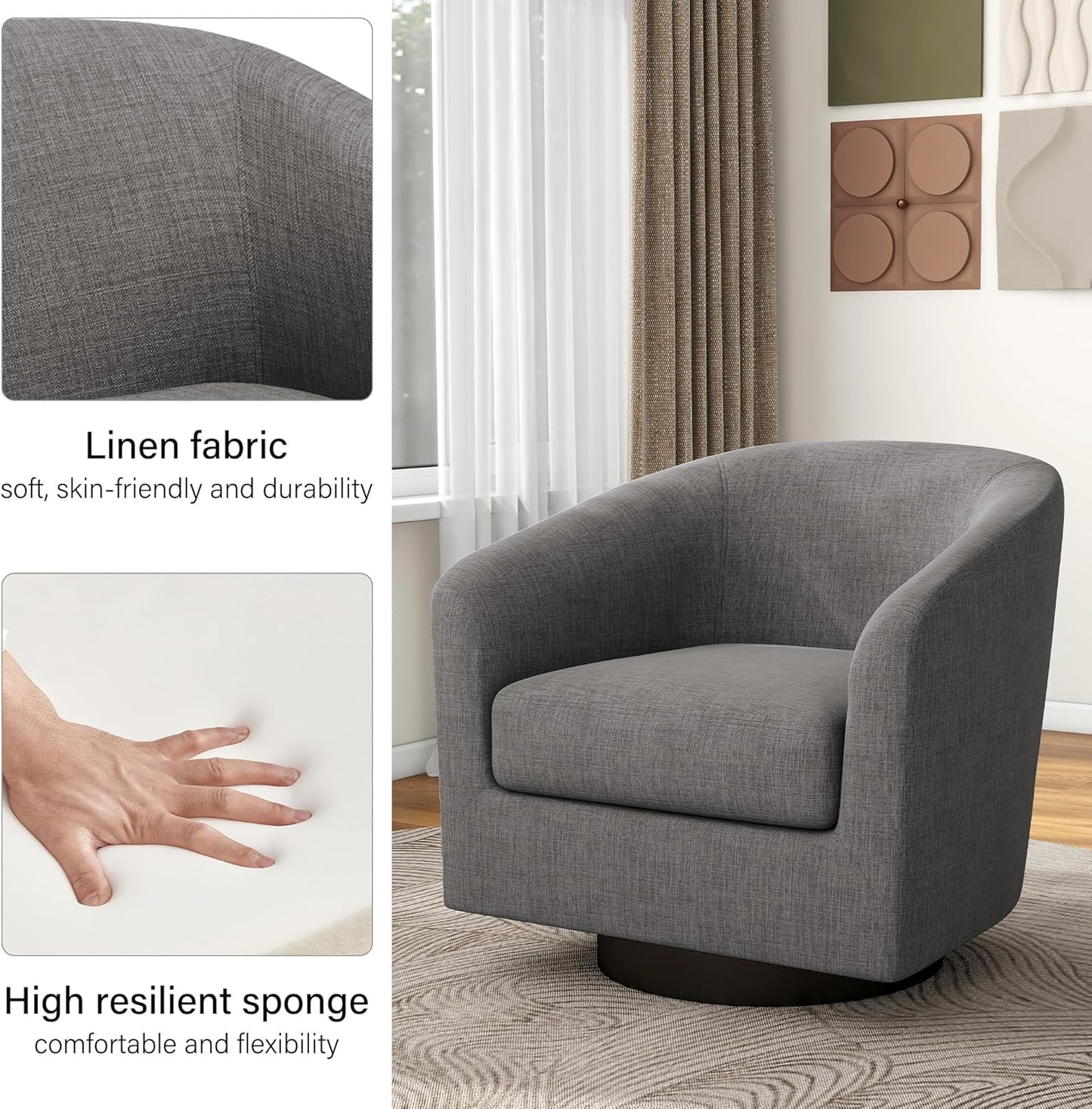 Swivel Barrel Accent Chair, Modern Round Linen Arm Chair for Living Room, Bedroom, Comfy Club Reading Chairs for Adults（Linen Fabric, Grey, Set of 4