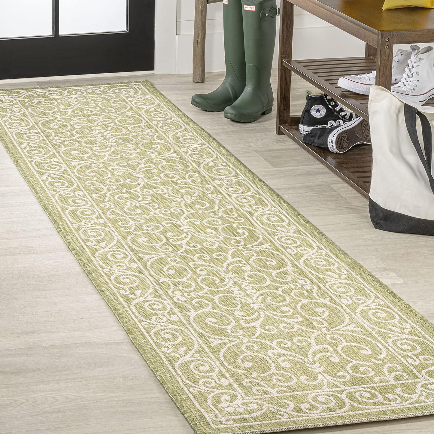 JONATHAN Y Vintage Filigree Indoor Outdoor Runner Rug 2X10 Green/Cream, Charleston Textured Weave for Backyard, Patio, Porch, Easy-Cleaning, High Traffic, Pet-Friendly, Non-Shedding (SMB106H-210)