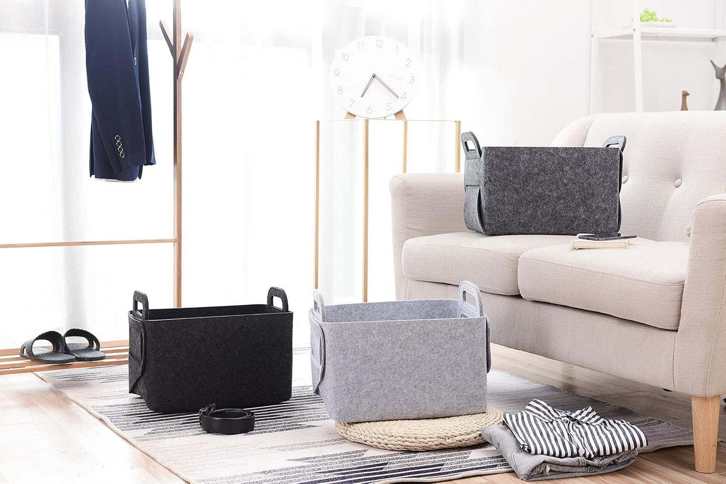 Minoisome Storage Basket Felt Storage Bin Collapsible& Convenient Box Organizer with Carry Handles for Office Bedroom Closet Babies Nursery Toys Laundry (Grey, 13.8inch（L）×9.5inch（W）×8.3inch（H）)