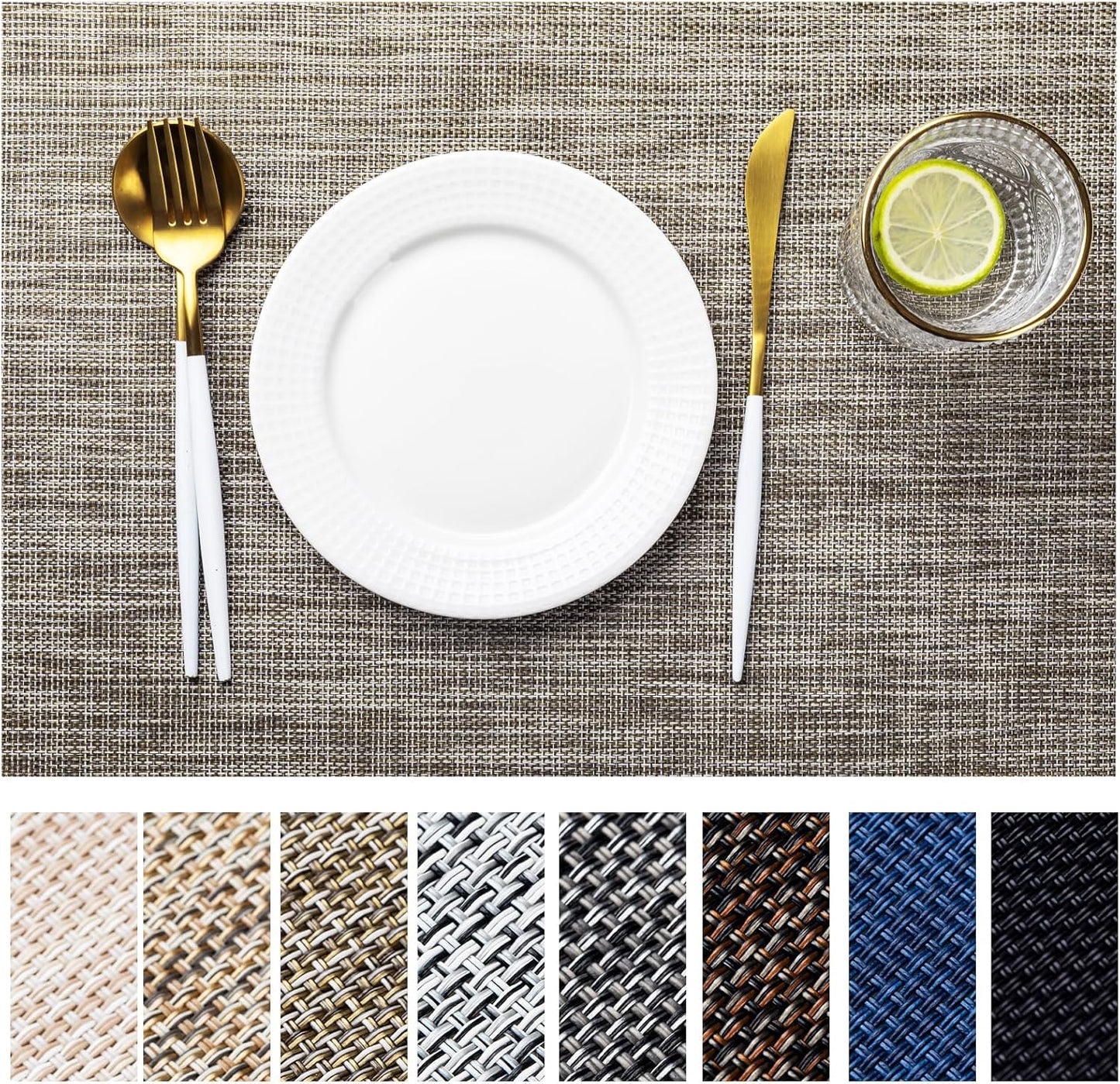 LEXMORE Placemats Set of 6 Vinyl/Plastic Woven Place Mats for Kitchen Table Indoor/Outdoor Washable Placemat Wipeable Dining Table Mats(Cappuccino)
