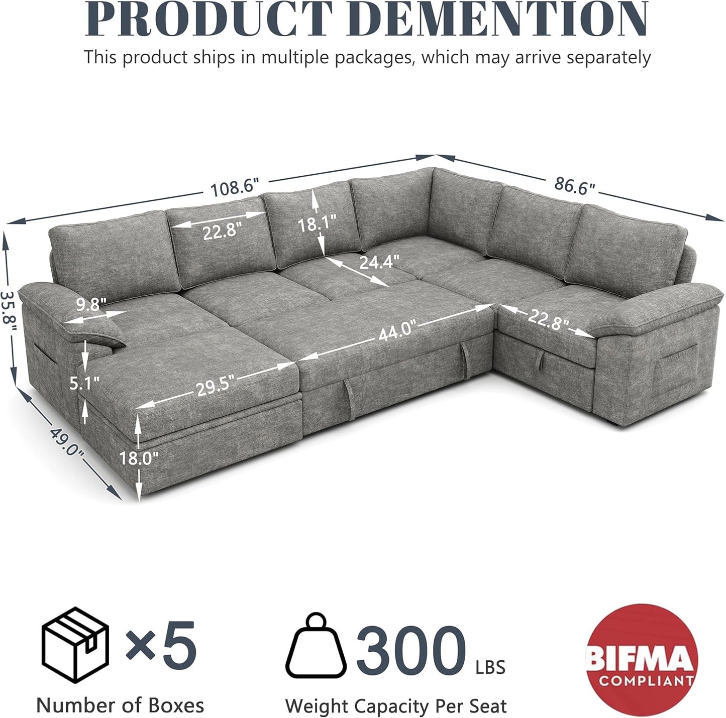 108 Inch Modular Sectional Sofa with Pull Out Bed,U Shaped 7 Seat Sectional Sleeper Sofa with Storage,Sectional Couches for Living Room,Cloud Modular Couch,Removable Sofa Cover,Light Gray