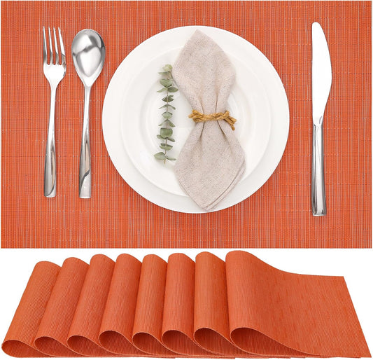 Myir JUN Placemats Set of 8, Vinyl Woven Placemats Place Mats Indoor Set of 8 Washable Table Mats Non-Slip Place mats for Dining Table (Orange, Set of 8)