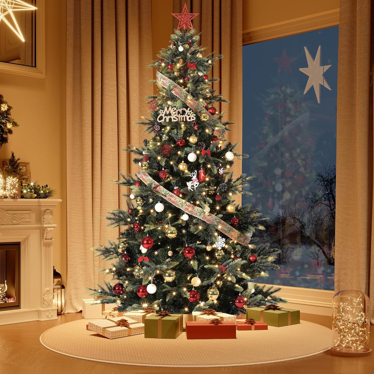 6.5ft Pre-lit Artificial Christmas Tree,Spruce Prelit Christmas Trees for Home,Office,Party Thickened PE&PVC Branch Tips & UL Listed Lights Incandescent Warm White,Fire-Resistant Automatic Branches