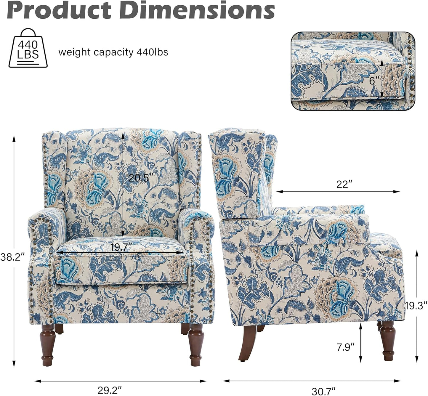 UIXE High Back Floral Accent Chairs Set of 2, Upholstered Armchair in Fabric, Retro Printed Wingback Arm Chair for Living Room, Nailhead Trim Single Sofa Bedroom Reading Seat - Boho Blue