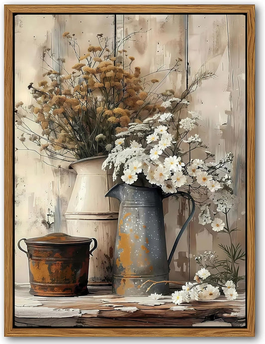 Floating Framed Farmhouse Vintage Canvas Wall Art, Country Floral Daisy Pictures Wall Decor, Wood Grain Art Paintings Poster for Living Room Bedroom Bathroom Rustic Decor 8x10 inch