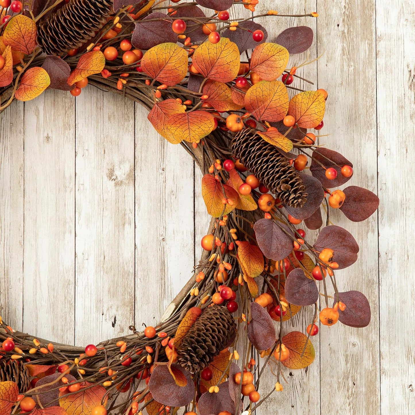 Glitzhome 22" D Fall Eucalyptus Berry Wreath, Artificial Wreaths Rustic Hanging Ornaments for Fall Front Door Wall Decor