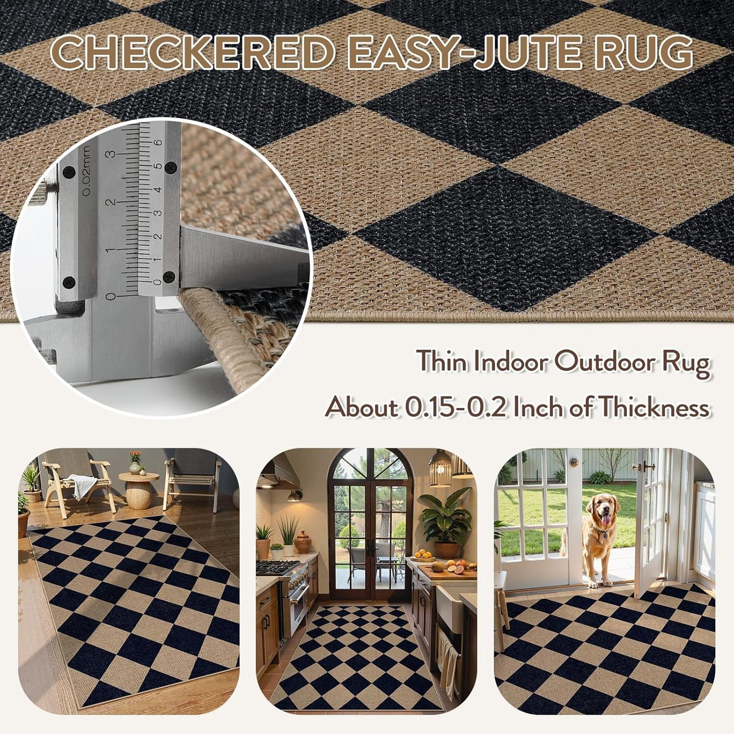 Lahome Checkered Easy Jute Entry Rug, 3x5 Black Outdoor Patio Rug for Living Room Farmhouse Neutral Carpet, Washable Non Slip Indoor Door Mat Diamond Carpet for Front Door Deck Camping