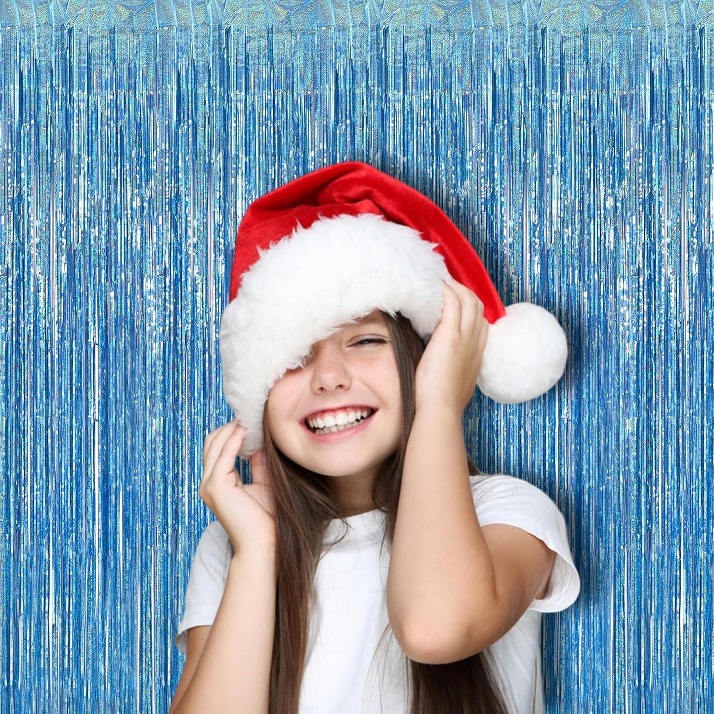 BRAVESHINE Light Blue Tinsel Foil Fringe Curtains - 2Pcs 3.2x8.2 ft Metallic Holiday Photo Booth Backdrop for Easter Birthdays Mermaid Frozen Sea Bachelorette Party Streamers Decorations