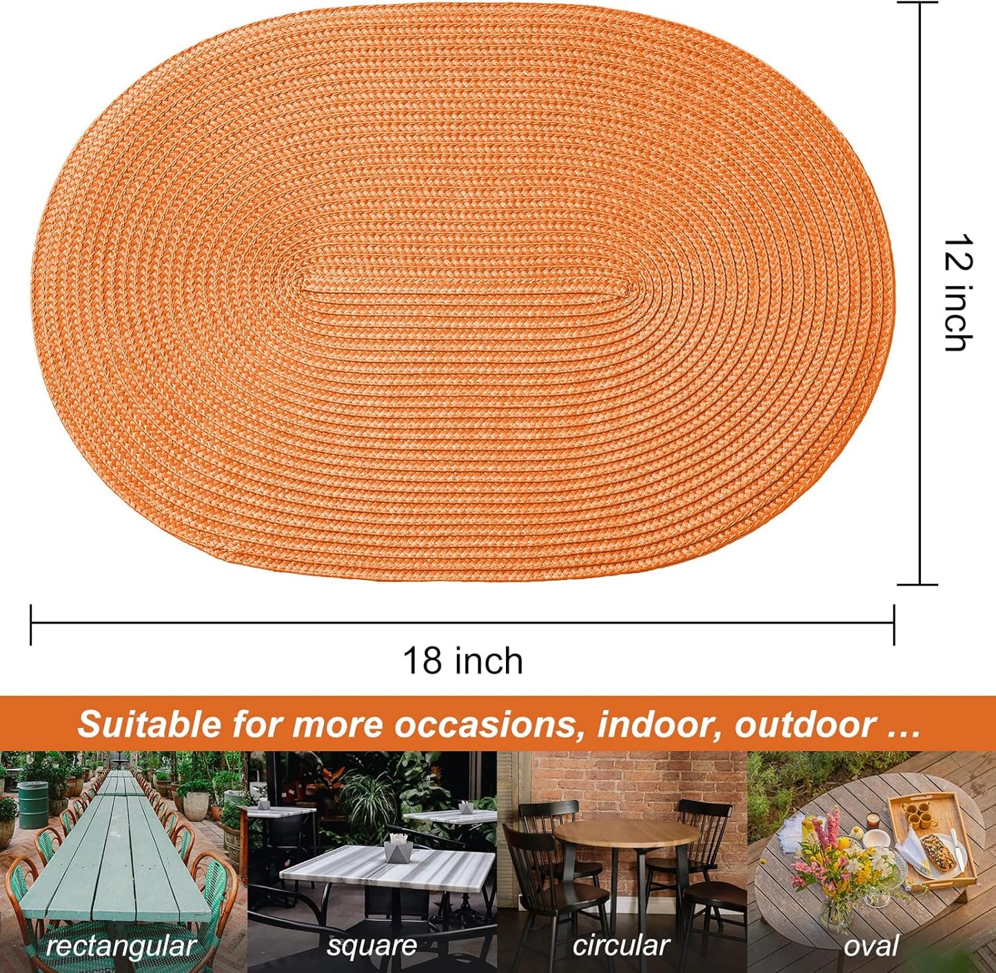 AHHFSMEI Placemats Set of 6 for Dining Table Washable Woven Vinyl Non-Slip 18x12 inches Placemat Heat-Resistant Durable Table Mats for Dining Table Easy to Clean(Oval Orange,6)