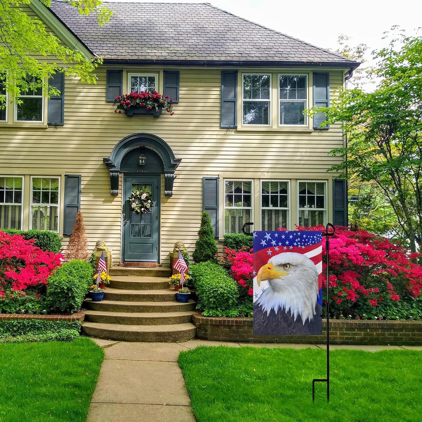 TOPFLAGS Garden Flag Stand with American Garden Flags Patriotic Stars and Eagle Yard Flag 12x18 Inch Holder Pole Stake Double Side for Outside with Clips and Stopper