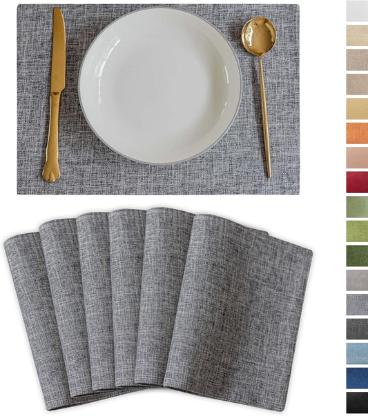 Demetex Cloth Placemats Set of 6 Table Mats Gray Linen Place Mats for Buffet Kitchen and Dining Room, Ash Grey