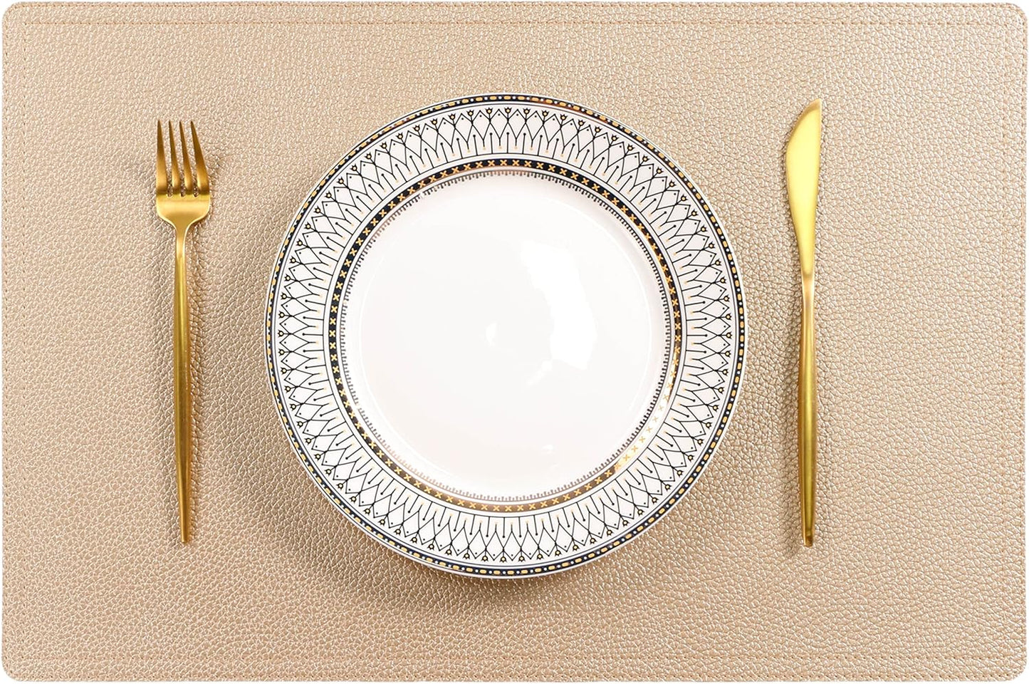 Set of 6 Faux Leather Placemats, PU Table Mats, Waterproof, Stain Resistant, Heat Resistant, Easy to Clean for Kitchen Dining Table,Conference Table C Gold Rectangle