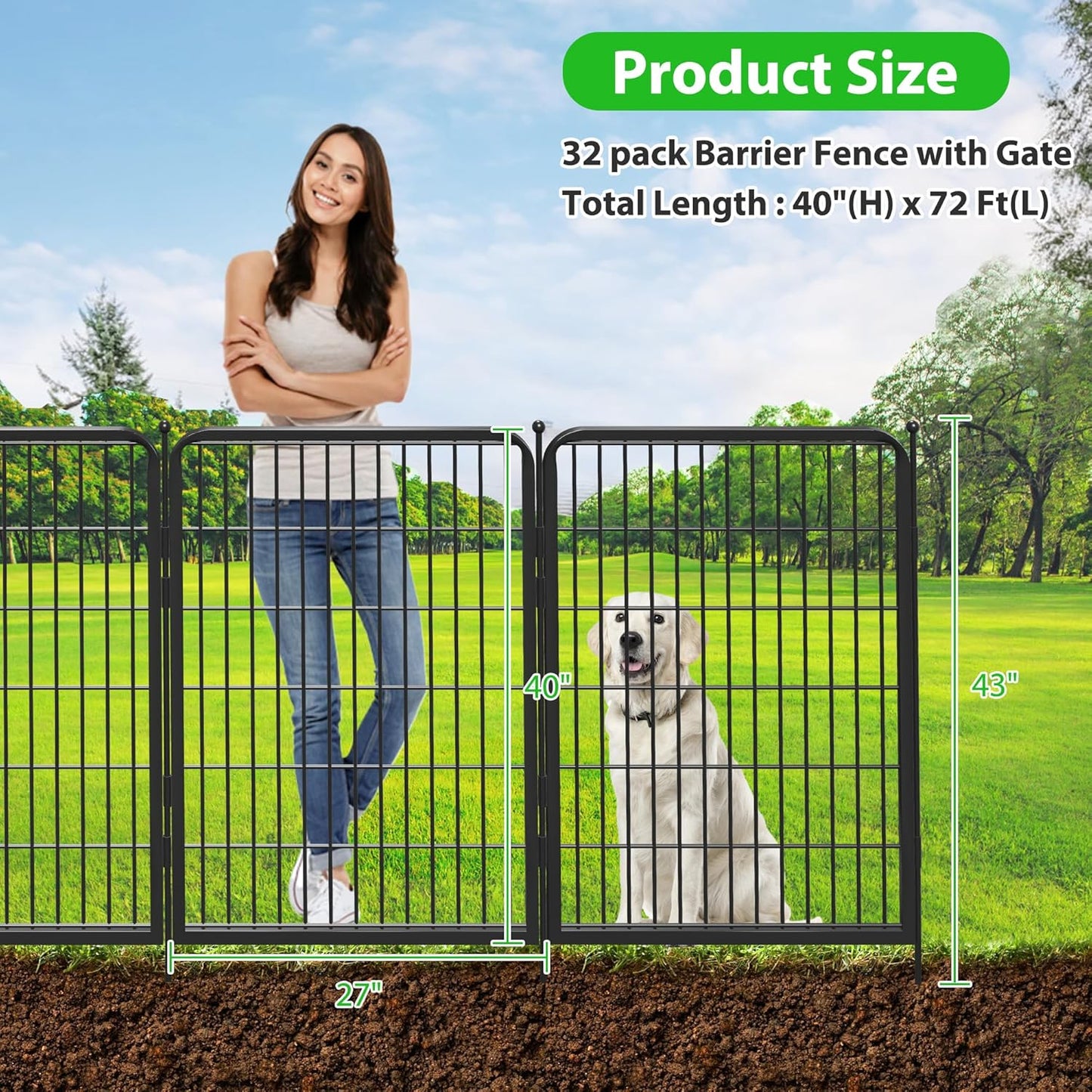 Decorative Black Metal Fencing Garden Fence with Gate, 72ft(L) 40in(H) 32 Fence Panels No Dig Fence Rustproof Animal Barrier Fence Temporary Dog Panels Fencing Outdoor