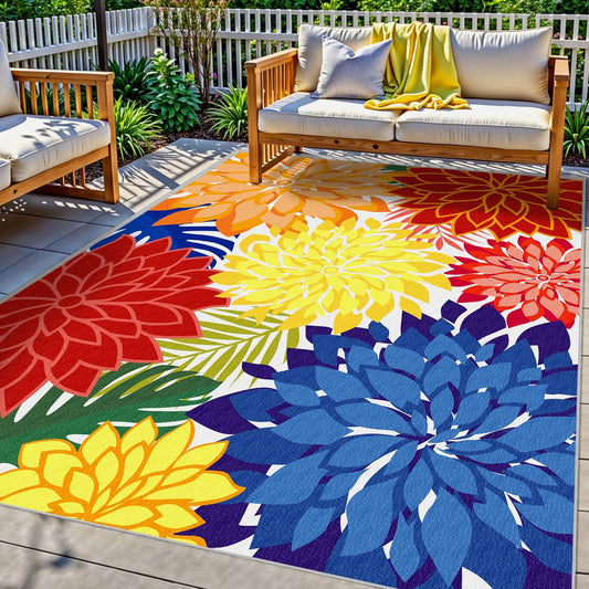 Indoor Outdoor Area Rug Washable Rugs Multicolored Patio Rug Tropical Botanical Modern Floral Indoor Outdoor Carpet Non Slip for RV, Pool Deck, Backyard, Porch (4x6)