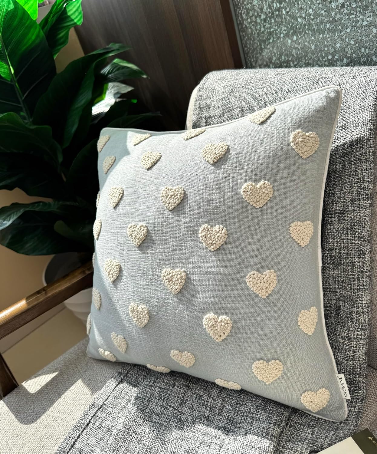 VAGMINE Hand Embroidered French Knotted Hearts Pillow Cover - 18x18 Inches Square - 100% Cotton Robins Egg Decorative Cushion Cover - Romantic Gift for Couples - Valentine’s Bedroom Decor