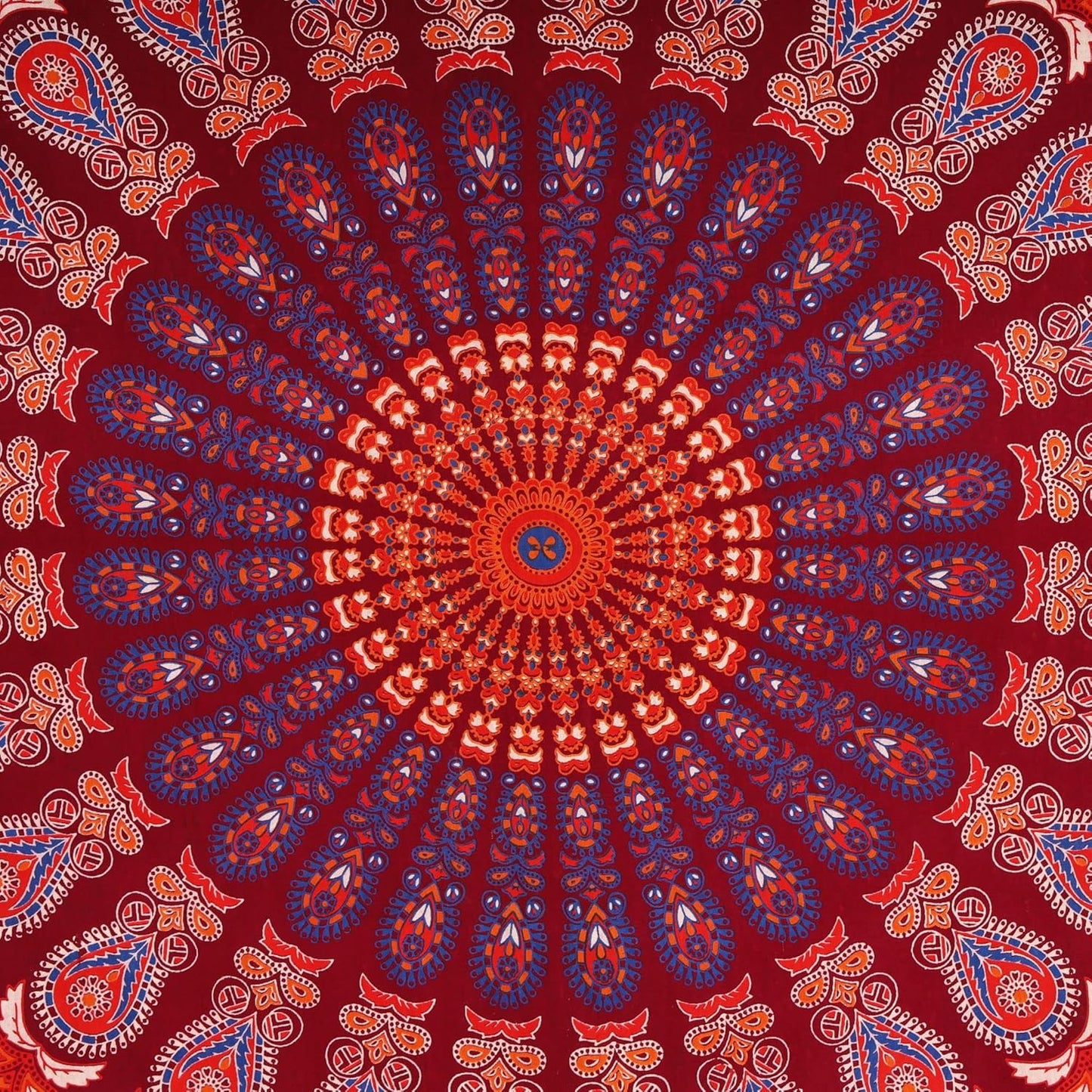 Bless International Handmade Indian hippie Bohemian Psychedelic Peacock Mandala Wall hanging College Dorm Beach Throws Table Cloth Bedding Tapestry (Blue Red, Queen(84x90Inches)(215x230Cms))