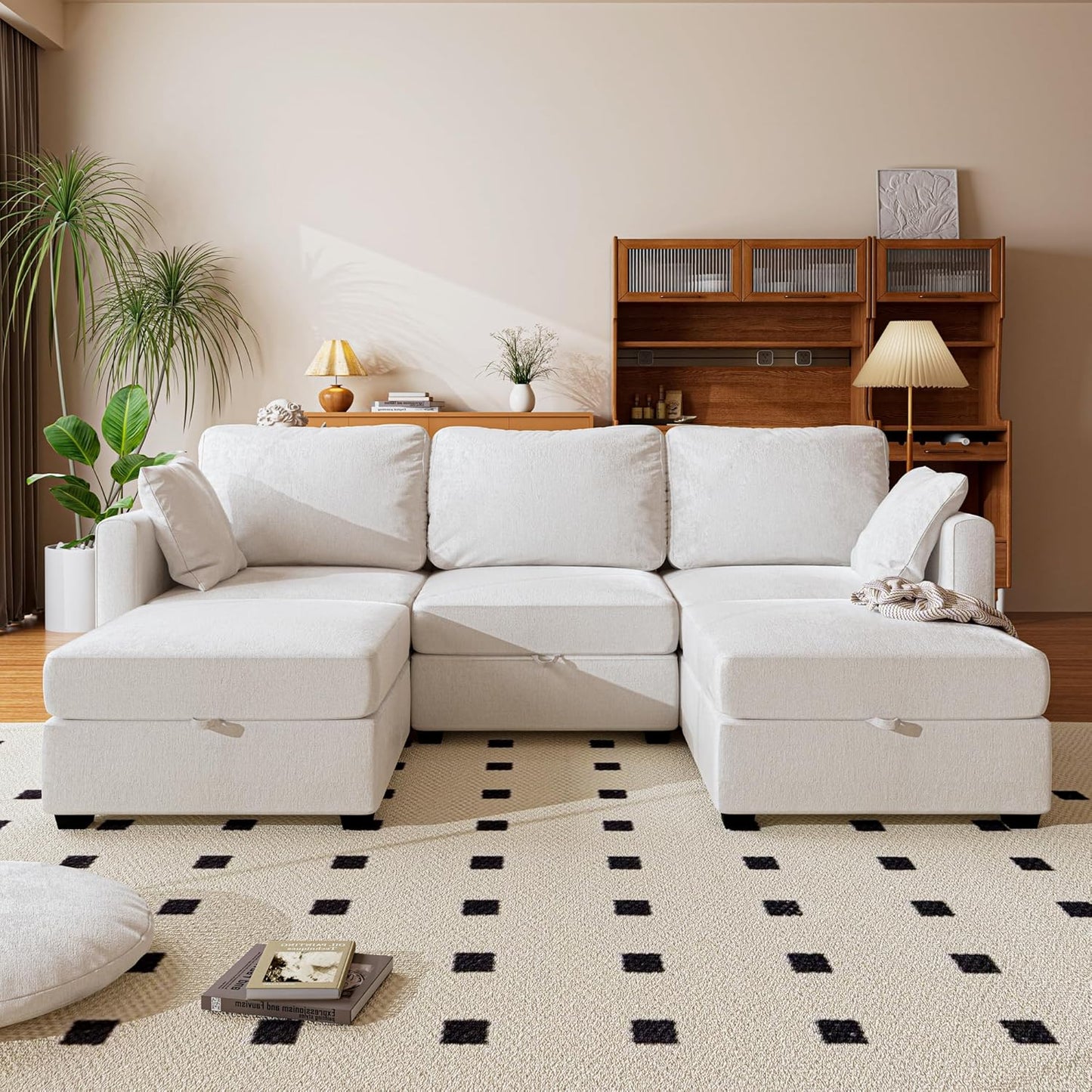 mestyl Modular Sectional Sofa Convertible U Shaped Sofa Couch Set with Storage for Living Room, Modern 3 Seater Modular Sectional Couch with 2 Movable Ottoman (Beige)