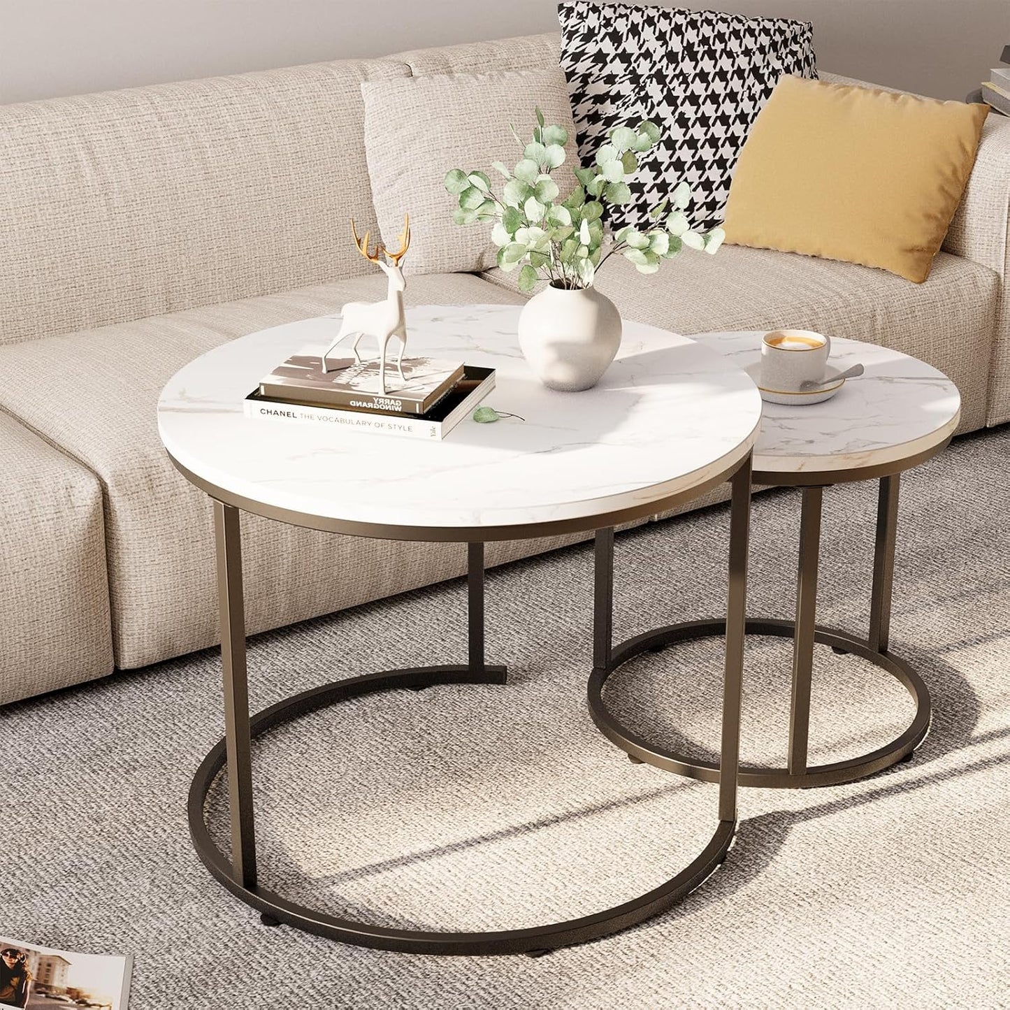 aboxoo Round Nesting Coffee Table Side Table Set of 2 End Tables for Living Room Bedroom Balcony, White Faux Marble Wooden Table Accent Coffee Table with Black Steel Frame