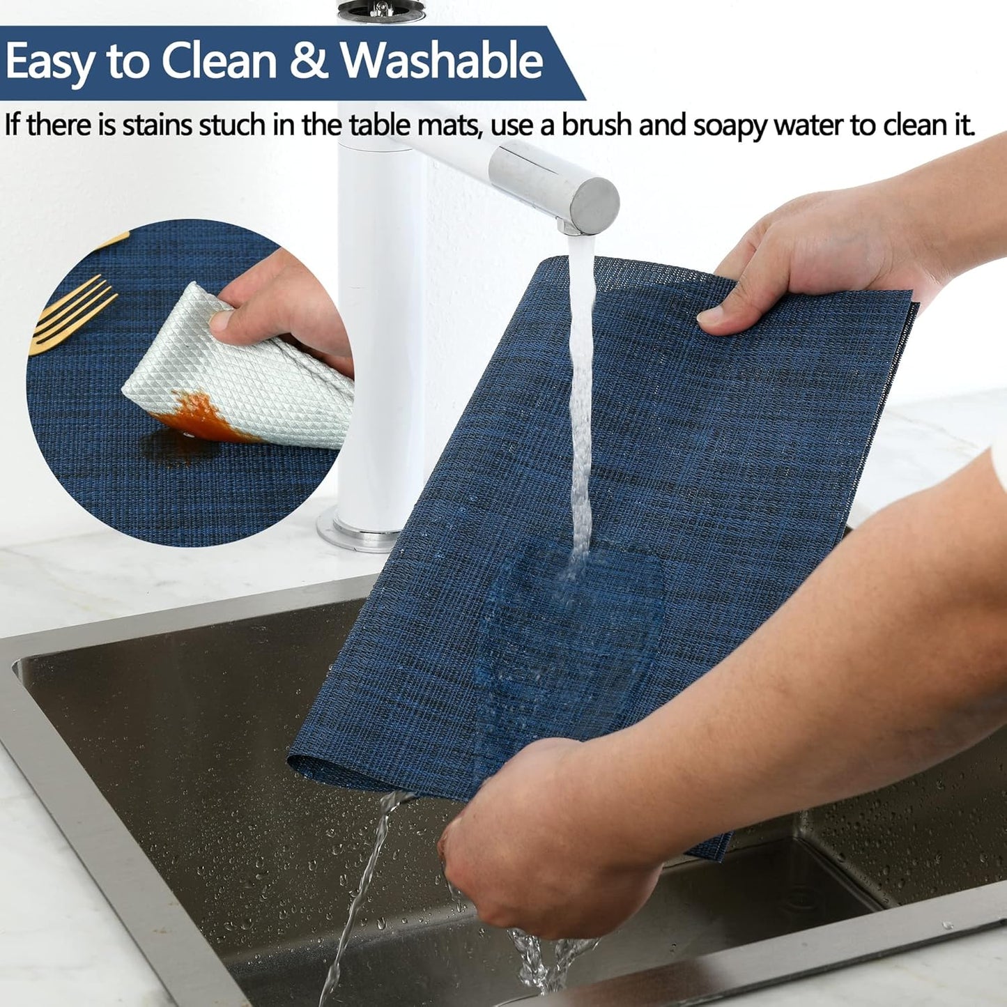 Navy Blue Placemats Set of 8 - Easy Clean Washable Vinyl Placemats - Wipeable Heat Resistant Table Mats for Dining Table - 17x12 Inch (Navy Blue, 8)