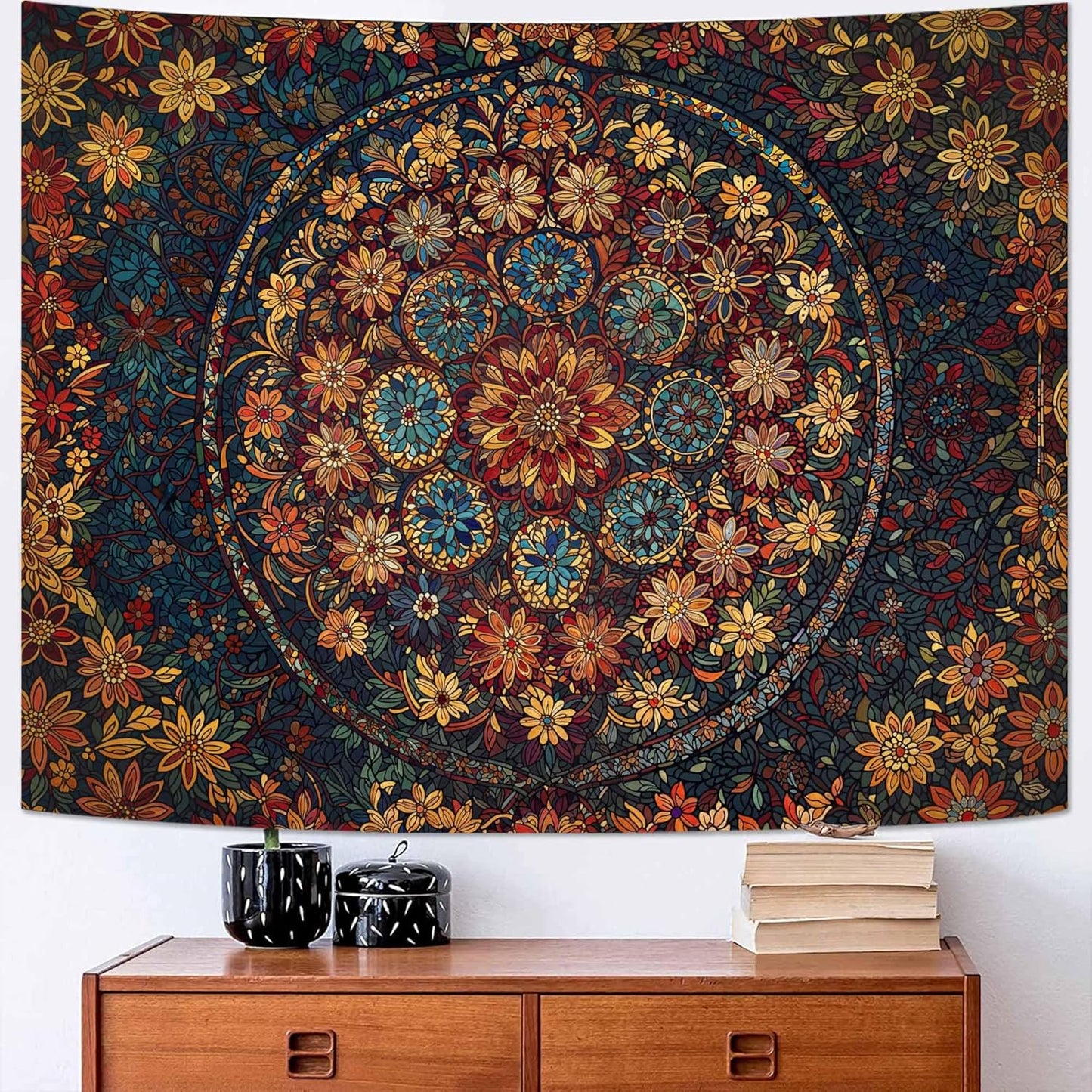 Fowocu Boho Floral Mandala Tapestry Wall Hanging Vintage Bohemian Flower Medallion Tapestry Aesthetic Orange Stained Glass Hippie Tapestries for Bedroom Living Room Dorm Decor 60 x 44 Inch