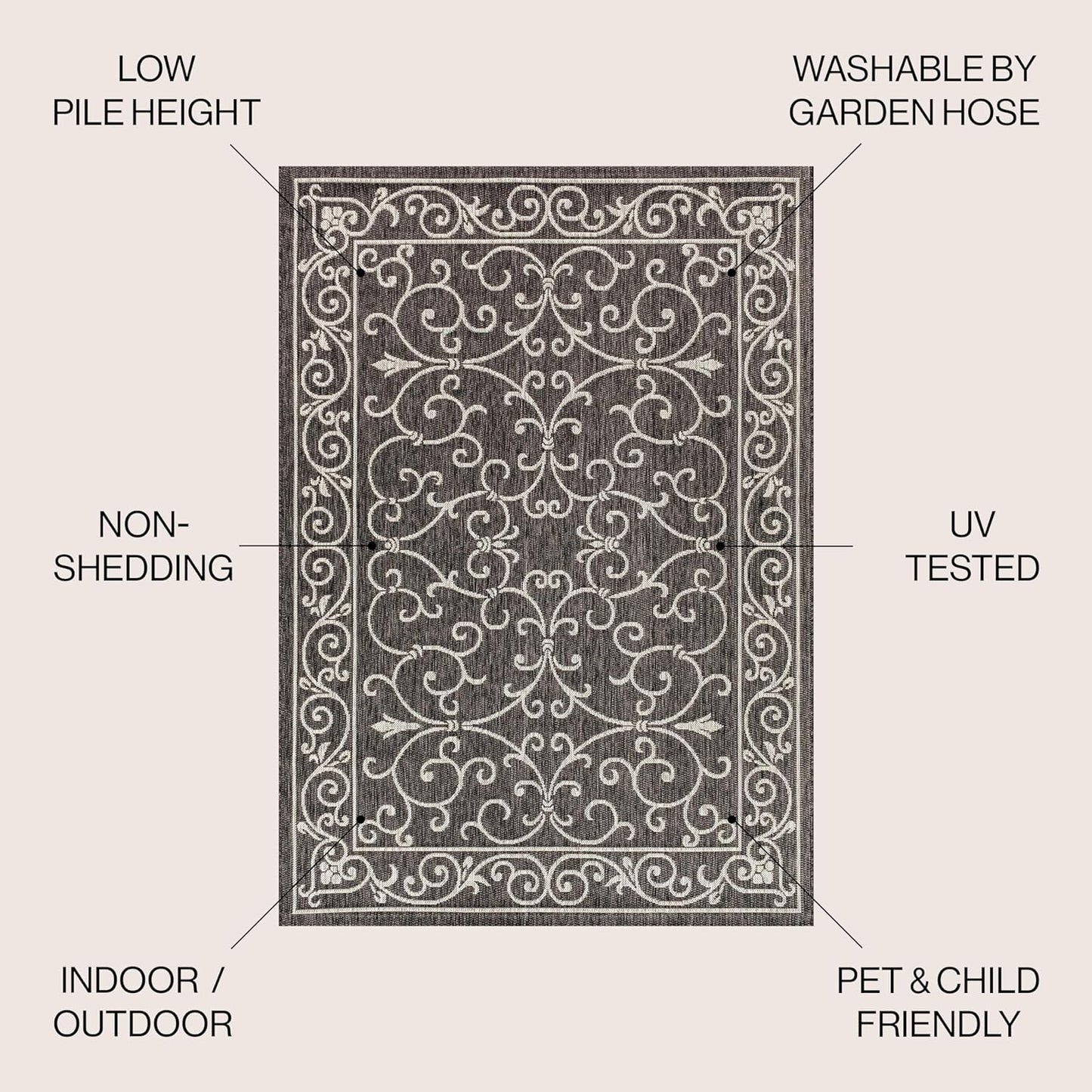 JONATHAN Y Vintage Filigree Indoor Outdoor Square Area Rug 4X4 Black/Gray, Charleston Textured Weave for Backyard, Patio, Porch, Easy-Cleaning, High Traffic, Pet-Friendly, Non-Shedding (SMB106G-4SQ)