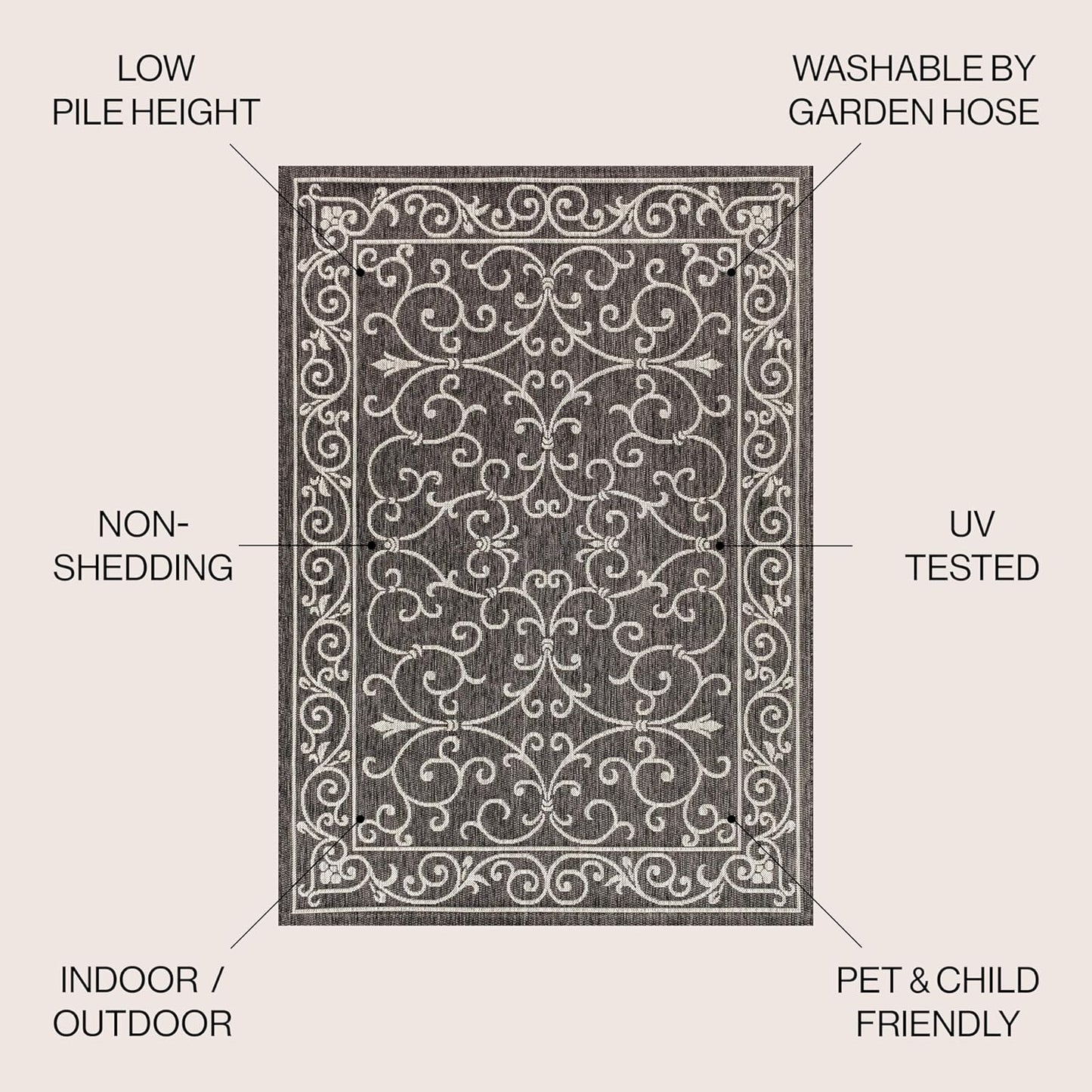 JONATHAN Y Vintage Filigree Indoor Outdoor Area Rug 10X14 Black/Gray, Charleston Textured Weave for Backyard, Patio, Porch, Easy-Cleaning, High Traffic, Pet-Friendly, Non-Shedding (SMB106G-14)