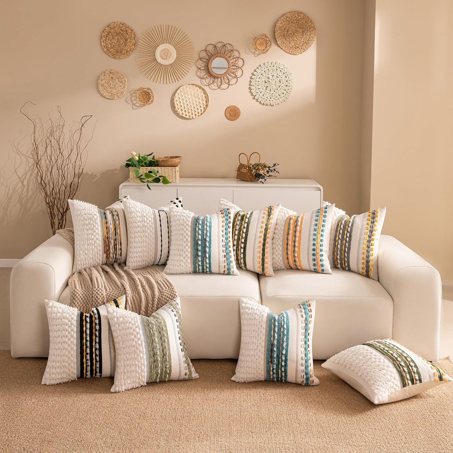 Boho Chenille Tufted Couch Throw Pillow Covers 18x18 Inch Set of 2 Farmhouse Striped Decorative Pillow Covers Accent Neutral Pillowcase Forest Cushion Cover for Living Room Sofa Bed