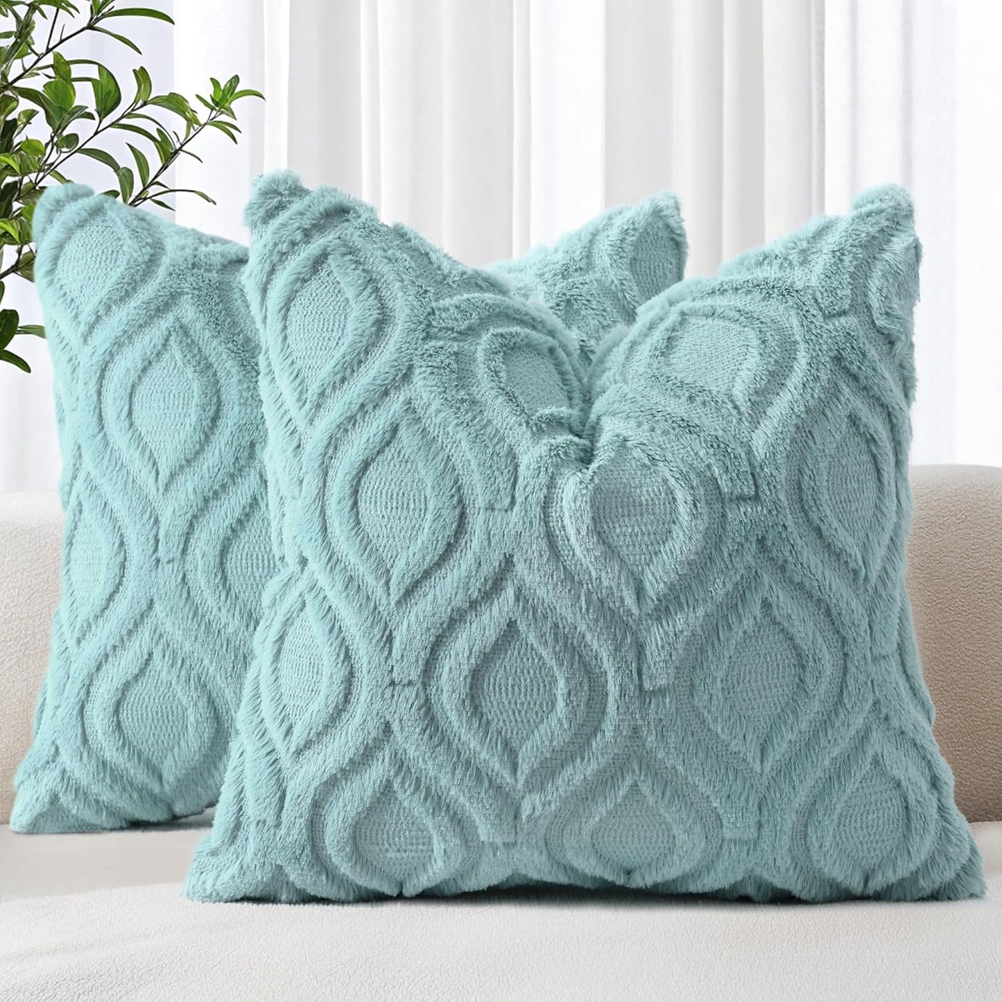 decorUhome Fall Throw Pillow Covers 22x22 Inch Set of 2, Soft Plush Decorative Faux Fur Aqua Solid Couch Pillow Covers, Accent Farmhouse Neutral Square Euro Pillow Cases for Sofa Bed Living Room