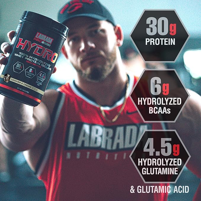 Labrada Hydro 100% Pure Hydrolyzed Whey Protein Isolate Powder, Lactose free, 6g BCAA’s, 4.5g Glutamine, Fastest Digesting Whey Available, Instant Mixing, Delicious Taste 20 Servings (Cookies & Cream)