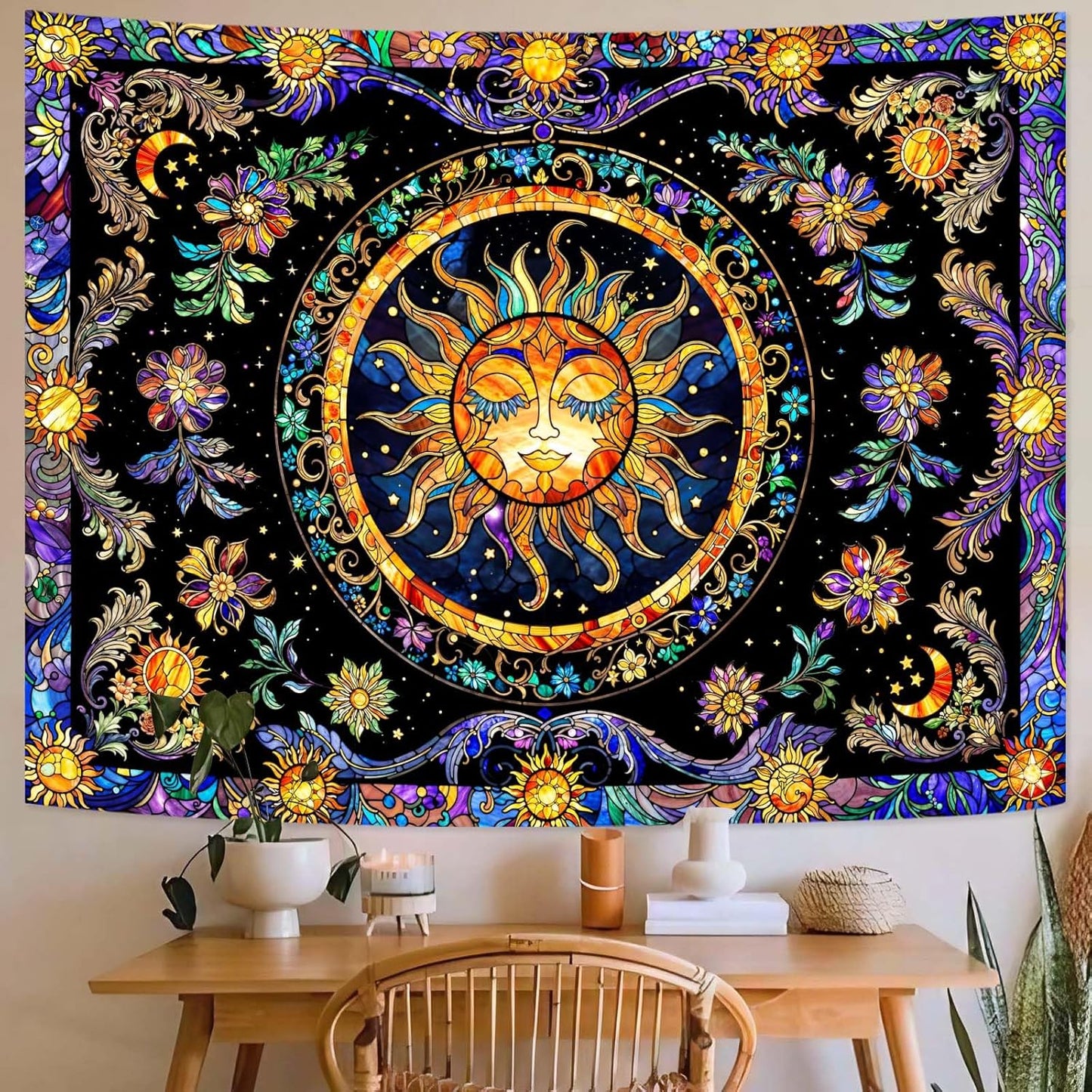 Lunerfex Sun Tapestry Stained Glass Tapestry Wall Decor Tapestries for Bedroom Boho Tapestries Wall Hanging for Bedroom Living Room Glass-Sun-01 60"x80"
