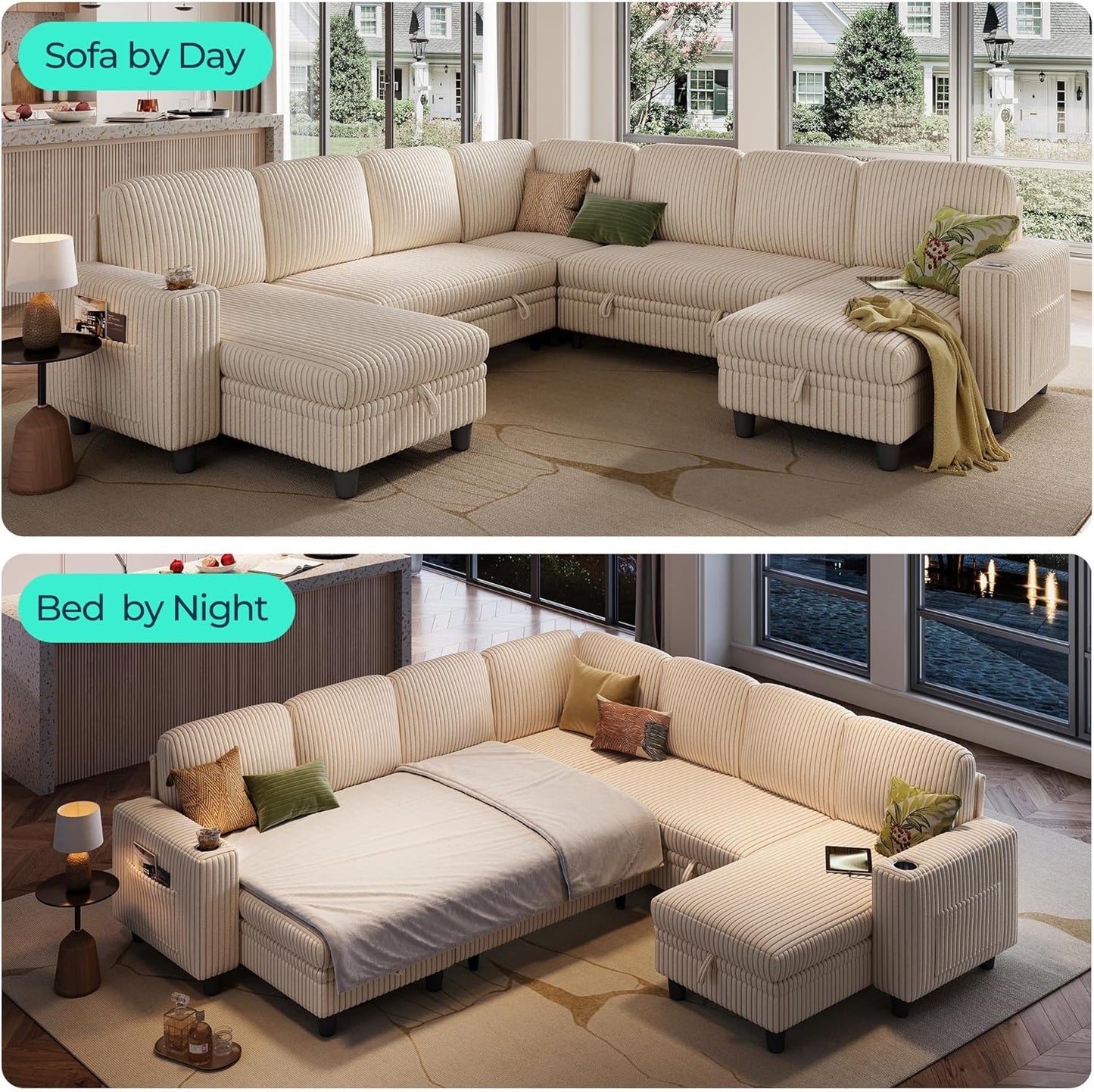 LINSY HOME Sectional Sleeper Sofa with Pull Out Couch Bed - Convertible Plush Corduroy Cloud Couches with Storage Chaise & USB Charging, Comfy Modular Couch for Living Room, Beige
