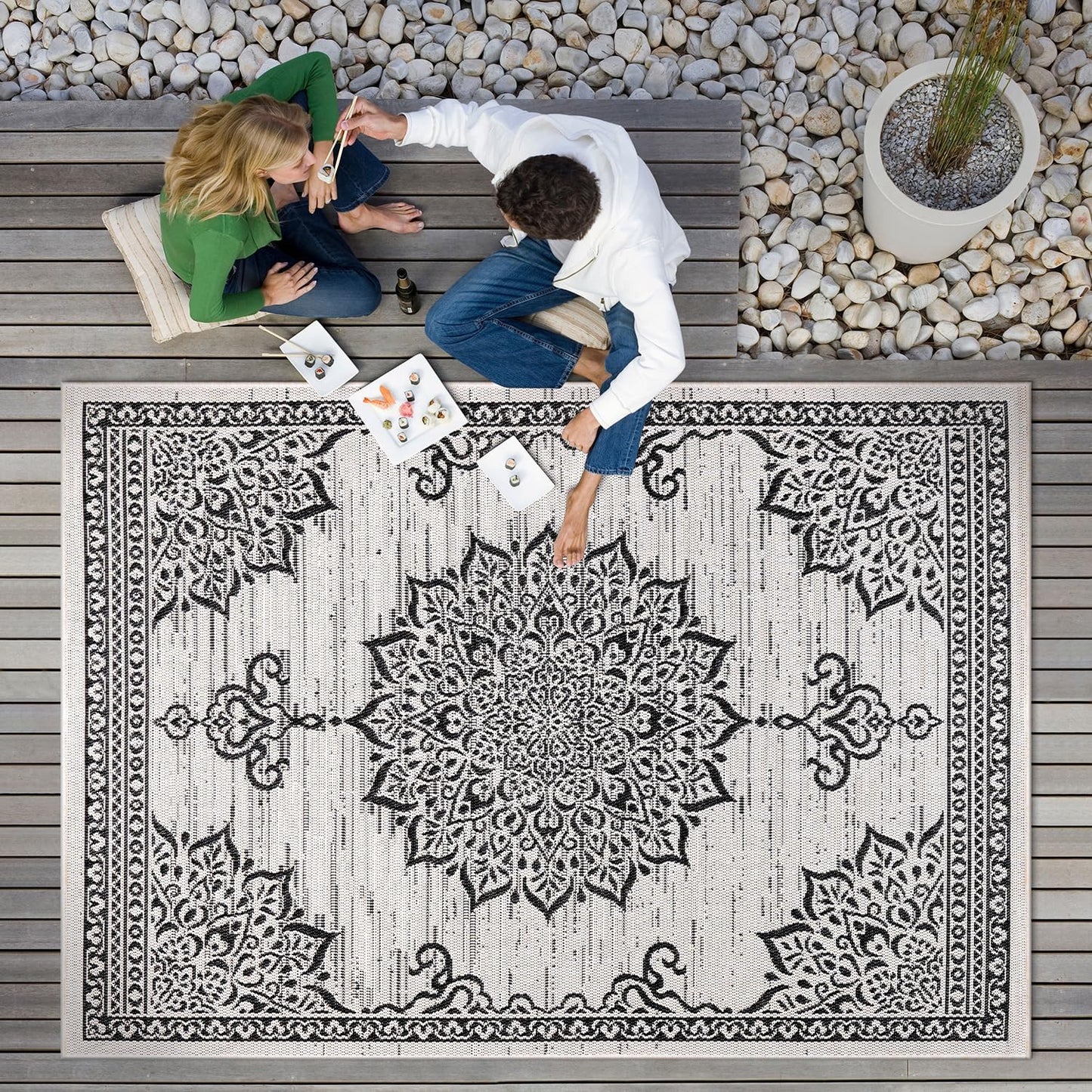 CAMILSON Outdoor Rug, 8x10 Medallion White Black Modern Area Rugs for Indoor and Outdoor Patios, Kitchen and Hallway Mats, Washable Porch Deck Outside Carpet (Medallion White, 8 x 10)