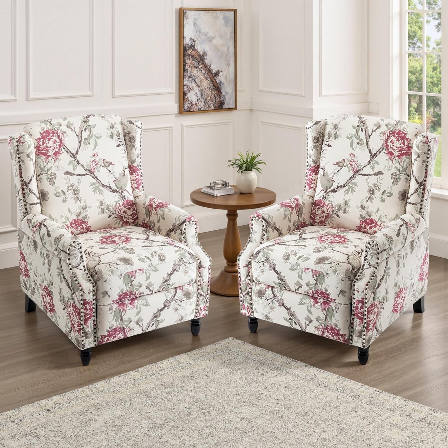 UIXE Recliner Chairs Set of 2, Fabric Armchair Upholstered Pushback Accent Chair for Living Room, Rivet Trim Club Chair Home Theater Single Sofa Bedroom Side Reading Seat - Beige Floral