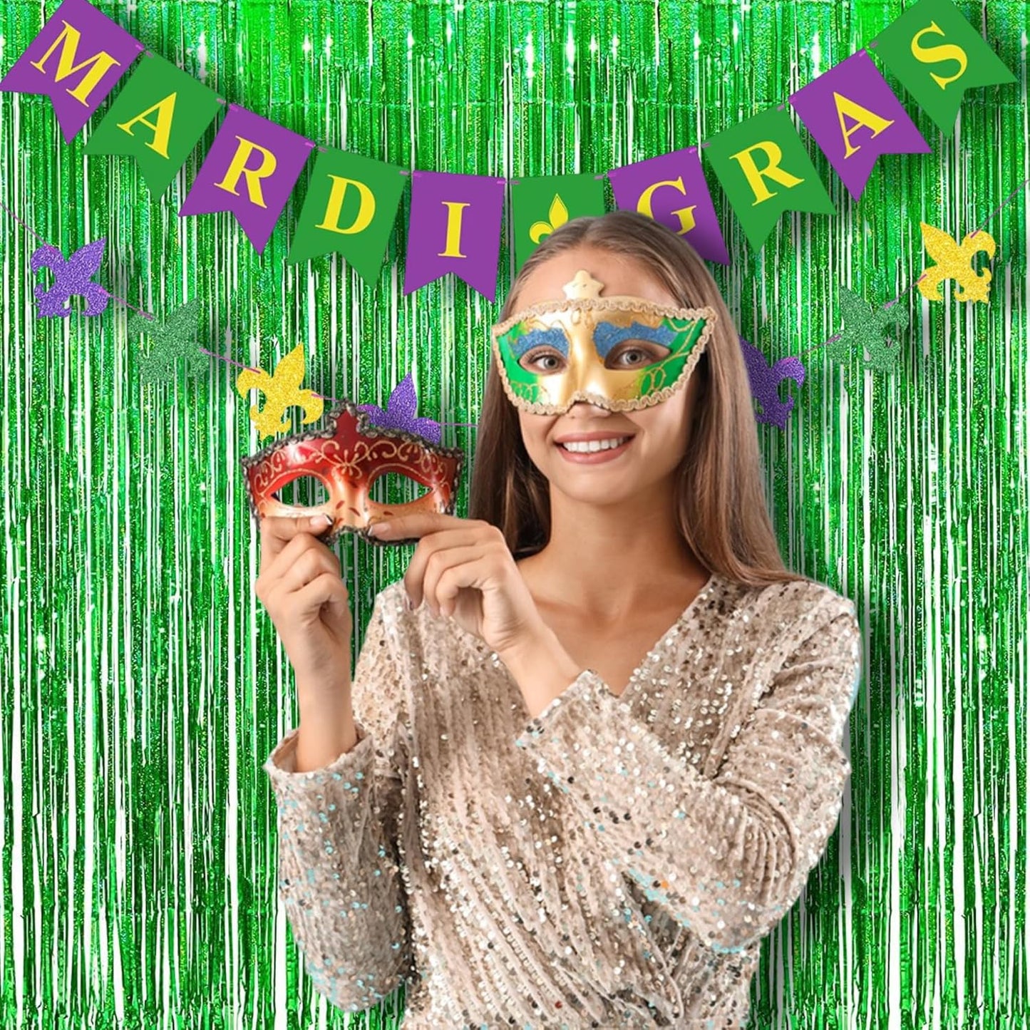 BRAVESHINE Green Metallic Tinsel Foil Fringe Curtains - 2 Pack 3.2 x 8.2 ft Metallic Photo Backdrop for Graduates-Theme/St Patricks Day/Hawaiian/Luau/Dinosaur/Jungle-Theme/Christmas Party Decorations