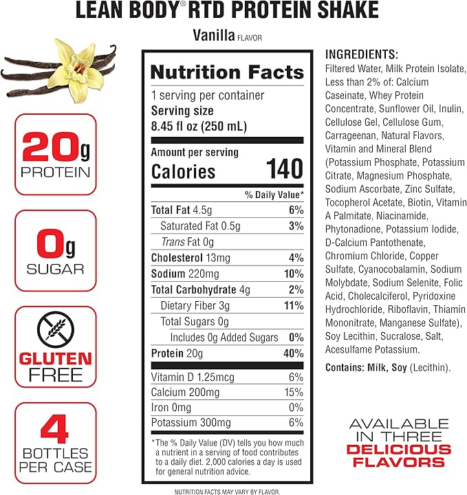 Lean Body Ready-to-Drink Vanilla Protein Shake, 20g Protein, 0 Sugar, 22 Vitamins 4)