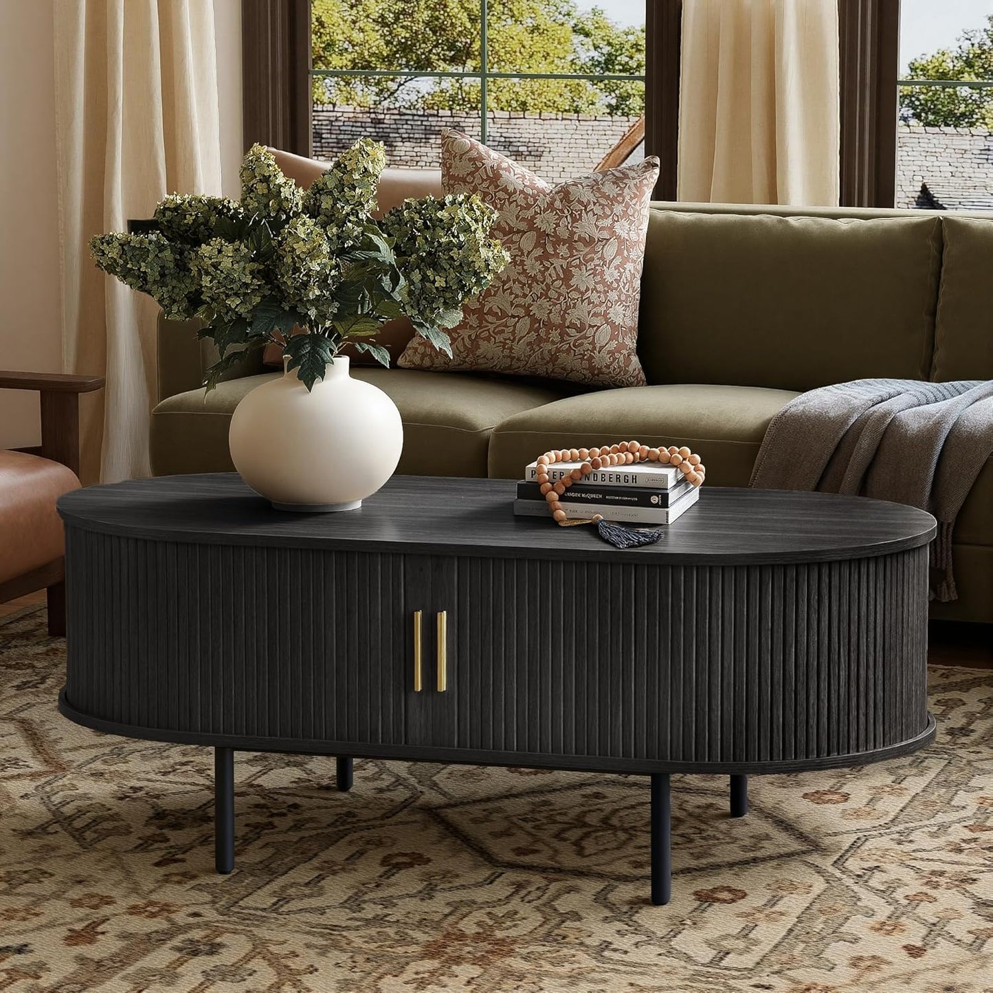Modern Coffee Table with Storage, 47.2" Oval Fluted Coffee Table with Sliding Doors, Minimalist Tea Table with Wood Grain Veneer, Mid Century Center Tables for Living Room, Apartment, Black