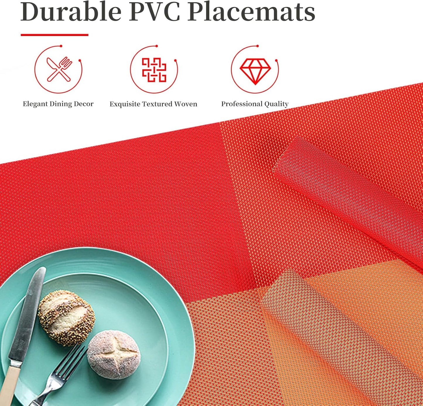 Vinyl Plastic Placemats Set of 6 Washable Heat Resistant Non-Slip Elegant Indoor Outdoor Kitchen Dining PVC Woven Table Place Mats (Orange Red Lattice Block)