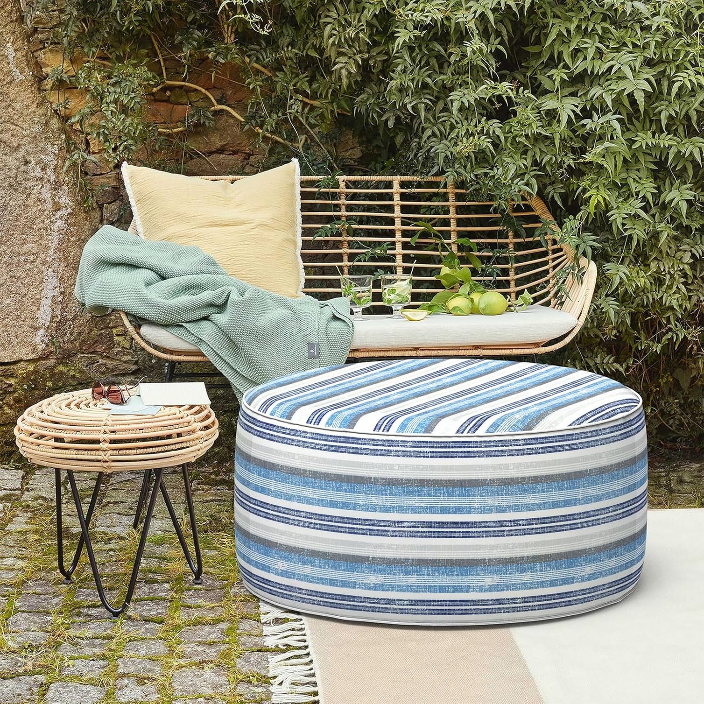 LVTXIII Outdoor Inflatable Ottoman, Fade-Resistant Round Footrest Stool D31”x H14”, Portable Patio Pouf for Garden Camping or Home Use, Stripe Layered Blue