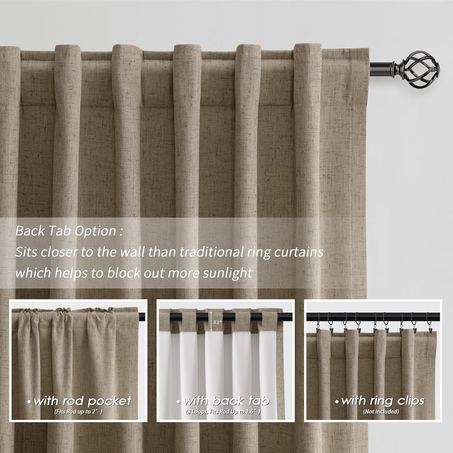 BOODII Matcha Brown Linen Blackout Curtains for Bedroom 84 Inch Length 2 Panels Set Room Darkening Curtains Black Out Curtain Neutral Thermal Insulated Living Room Winter Window Drapes Back Tab 52x84